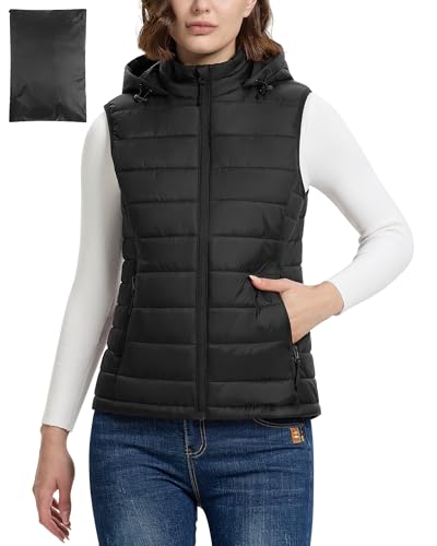 Outdoor Ventures Damen Steppweste mit Kapuze Packbare Übergangswesten Gefütterte Hybrid Sportweste Frau Warme Fahrradweste mit Stehkragen für Wandern Camping Schwarz 2XL