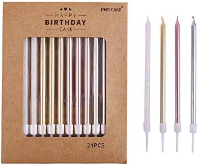PHD CAKE 24-Count Long Birthday Candles in Holders in Gold Silver Rose Gold White, Cake Candles, Birthday Parties, Wedding Decorations, Party Candles, Celebrations