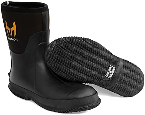 Hunthor Rubber Boots for Men with Steel Shank, 6mm Neoprene Insulated Rain Boots, Mid Calf Waterproof Rubber Work Boots for Hunting, Gardening, Farming, Fishing (Black, 6)