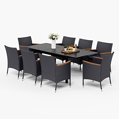 MFSTUDIO 9 Pieces PE Rattan Patio Dining Sets, Outdoor Morden Wicker Conversation Chairs Armchair and Expandable Table Sets with Cushions and Wood Armrests for Balcony Backyard Porch MFSTUDIO 9 Pieces PE Rattan Patio Dining Sets, Outdoor Morden Wicker Conversation Chairs Armchair and Expandable Table Sets with Cushions and Wood Armrests for Balcony Backyard Porch