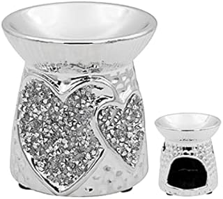 Silver Sparkle Crushed Diamond Fragrance Oil Burner Wax Warmer - Home Decor Accessories, Unique Design Ceramic Diamante Crystal Ornament (Heart Shape Wax Burner)