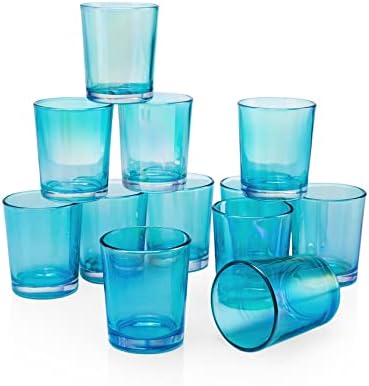 Tealight Candle Holder Set of 12 2.6'' H x 1.8'' D Pink Glass Votive Candle Holders Bulk for Wedding Table Centerpiece, Christmas Halloween Party Home Decoration (Turquoise)