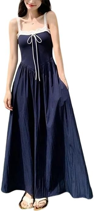 Women Contrast Maxi Dress Square Neck Casual Vacation Sleeveless Color Block Dress