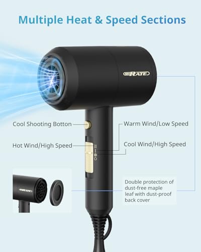 SHRATE Lightweight Ionic Hair Dryer with Diffuser - Powerful 1800W Blow Dryer for Fast Drying - Professional Low Noise Mini Hair Dryer for Travel, Gifts, Hair Styling (Black) の商品画像 6