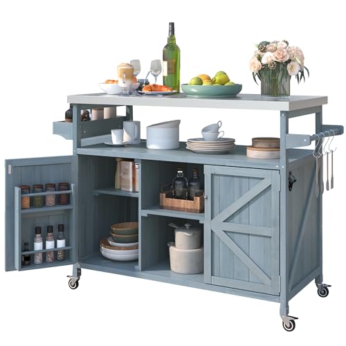 Image of Merax Outdoor Kitchen Island, Rolling Bar Cart & Storage Cabinet, Farmhouse Solid Wood Outdoor Grill Table with Stainless Steel Top, Spice Rack, Towel Rack for Kitchen & BBQ, Grey Blue