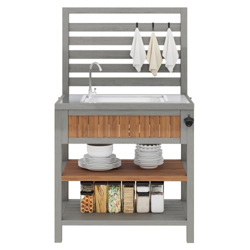 Armoire de Cuisine d’Extérieur Multifonction avec Évier Intégré, Robinet et Décapsuleur, Meuble de Rangement Résistant aux Intempéries avec Grand Plan...