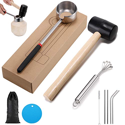 Coconut Opener Tool, Food Grade Stainless Steel Coco Nut Opener Kit, Safe & Easy to Open Young & Mature Coconuts Tools with Rubber Mallet Coconut Meat Scraper Reusable Straw Silicone Mat & Cloth Bag