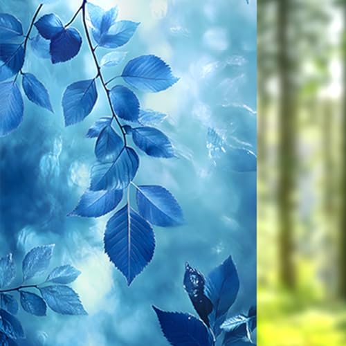 Image of Nuxovilar, Blue Leaf Art Window Film, 17.7x39.4inch | Blue Foliage Pattern Static Cling for Living Room (Sparkle)