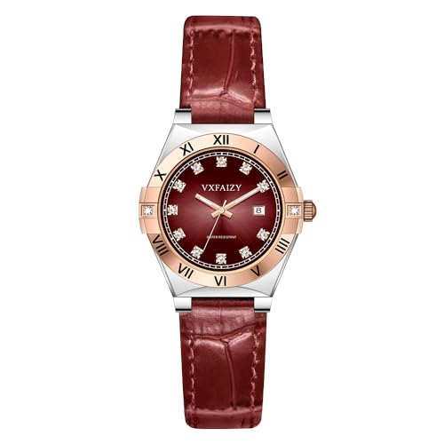 VXFAIZY Montre Femme Élégante avec Marqueurs en Cristal et Bracelet en Cuir Véritable Montre Calendrier pour Femmes (Rouge Argenté)