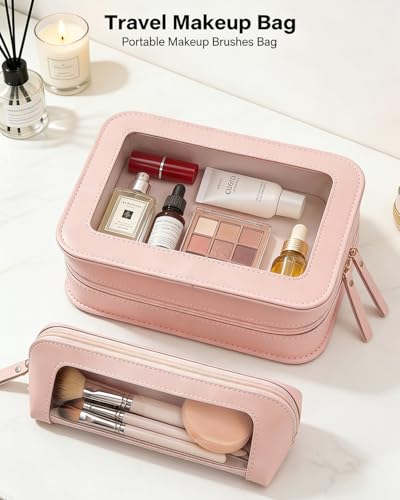 Image of LETGO 2Pack Clear Makeup Bags Set, Clear Pencil Case Pouch,Portable Leather Travel Toiletry Bag Pink Car Accessories for Women