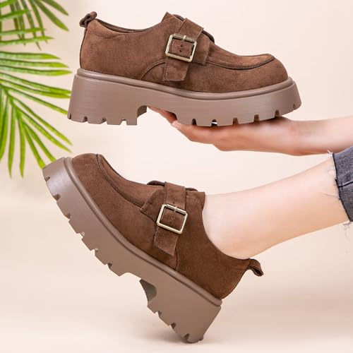 Image of Women's Chunky Heel Platform Loafers, Suede Penny Loafers Slip On Comfort Casual Business Shoes