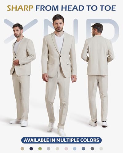 YND Men's 2 Piece Casual Linen Suit Set, Regular Fit Lightweight Blazer Jacket and Pants for Wedding, Business, Party Beige Small2