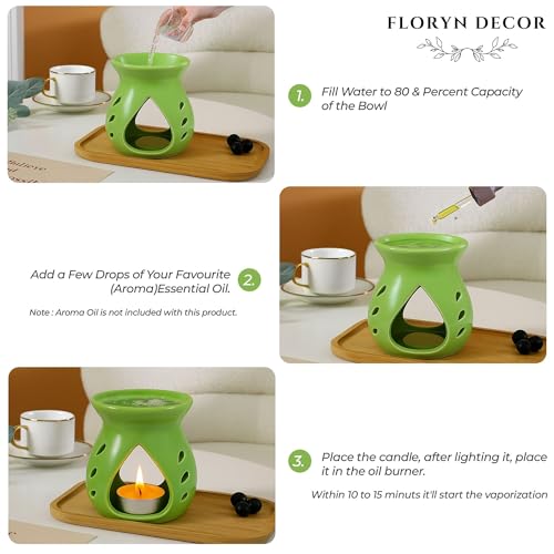 Image of Floryn Decor Ceramic Diffuser with Free 2 Tealight Candles | Home Fragrance, Spa, Office & Yoga | Aromatherapy Gift Set of 2 (Green)