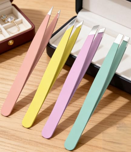 4-Piece Professional Tweezers Set, Tweezers for Eyebrows, Facial Hair, Splinter & Ingrown Hair Removal, Precision Tip with Travel Bag, Men