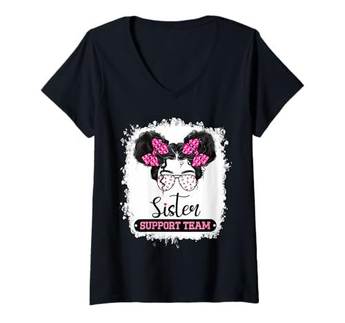 Femme Messy Bun Sister Soutien Équipe de sensibilisation au cancer du sein T-Shirt avec Col en V