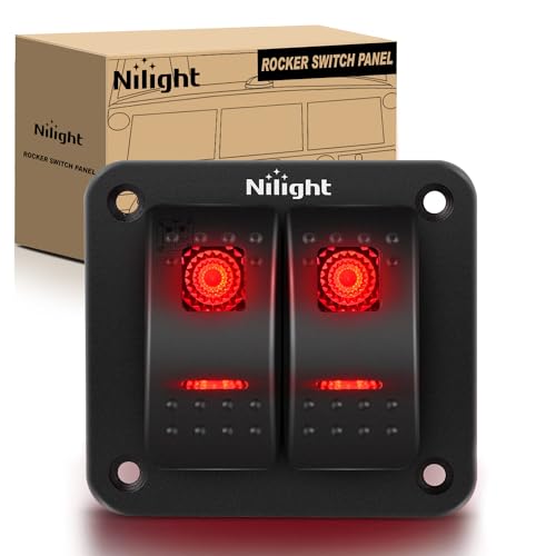Image of Nilight 2 Gang Rocker Switch Panel SPST On Off Toggle with DIY Label Sticker | 5PIN Electrical 12V /20A 24V /10A Aluminum Plate with Pre-Wired Jumper Wires for LED Light Bar RV Boats 4X4 Cars Red