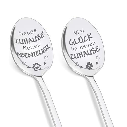 2er Set Kaffeelöffel Hauswarming Geschenk - Hochwertige Edelstahl-Löffel mit Gravur, Einzugsgeschenk für Frauen, Nachbarn, Haus Einweihungsparty, Richtfest Geschenk mit Brot & Salz Idee