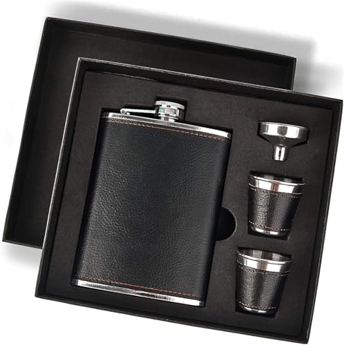 Image of GBEXHip Flask Gift Set with Black Leather Cover,8 Oz Leak Proof 18 /8 Stainless Steel Flask for Liquor with 2 Cups & Funnel, Flasks for Liquor for Men Gift Box