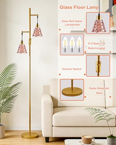 Image of 2-Light Modern Glass Floor Lamp, Gold Standing Tall Lamp with Deep Red Shell Glass Shade, Dimmable LED Floor Lamp with 5Lbs Heavy Base for Living Room Bedroom Home Decor, Bulb Included