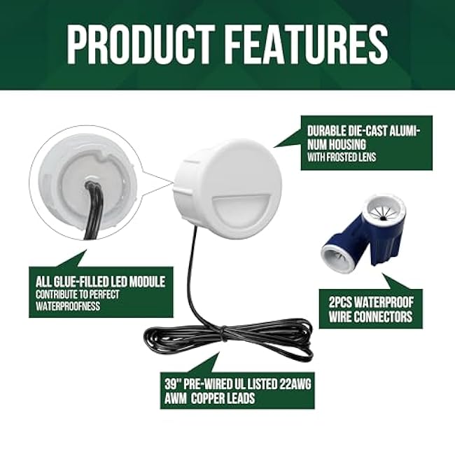 GKOLED 12 Pack Recessed Low Voltage Mini Size LED Step Riser Light, ¦µ1 Halfmoon Landscape Lighting for Outdoor Deck Stair Railing Post, 12V 3000K Die-cast Aluminum, White