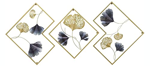 YGBUHN Wanddeko Metall 3er Set, 3D Wandornament Wandskulptur Metall in Gold Grau Ginkgo, Wandschmuck, Wanddeko, Wandverzierung, Garten Wohnzimmer, Schlafzimmer, Esszimmer Wohnkultur, 164 X 70.5CM Cover