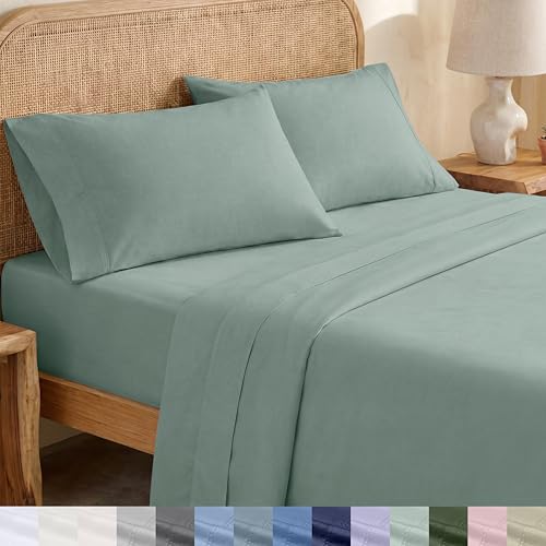 California Design Den Deep Pocket Full Size Sheets Set - Soft 100% Organic Cotton, Crisp and Cool Percale Sheets, Deep Pockets with Anti-Skid Elastic, Breathable and Durable Bedding Set - Sage Green