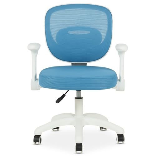IDIMEX Kinderdrehstuhl Amelia höhenverstellbar mit Armlehnen in blau - Ergonomischer Kinder-Schreibtischstuhl mit Mesh Rückenlehne & weißes Fußkreuz mit 5 Rollen
