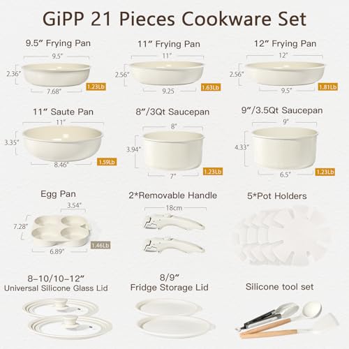Image of GiPP Pots and Pans Set Detachable Handle Cookware Sets Kitchen Cooking Set | Non Stick,Healthy,Non Toxic,PFAS PFOA & PTFE Free, Dishwasher &Oven Safe, All Stoves are Compatible,Big Size,21PCS, Cream
