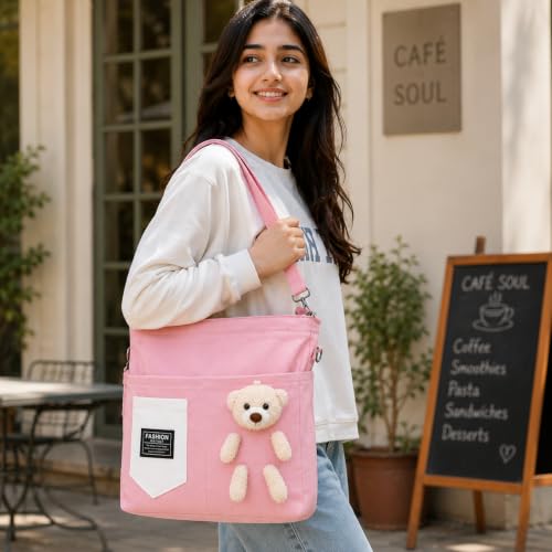 Image of BROGBUS Canvas Tote Bag for Women with Teddy Bear Charm Adjustable Sling Strap, Zipper Closure, College Travel Shopping Bag