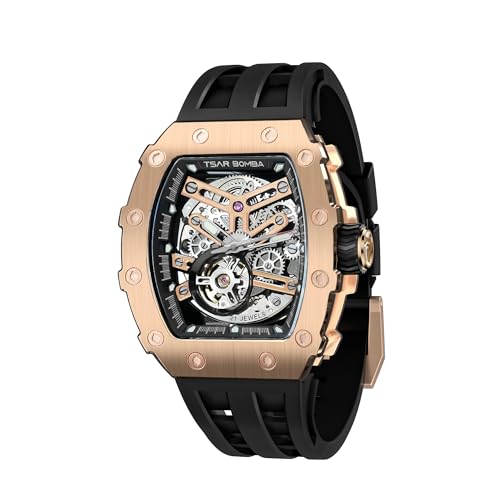 Image of TSAR BOMBA Mens Luxury Watch Automatic Watches for Men 50M Waterproof Japanese Mechanical Movement Tonneau Stainless Steel Case Sapphire Glass Big Face Cool Unique Fashion Gift Men