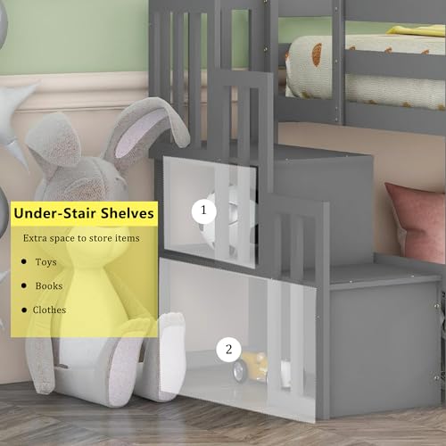 Bellemave Low Loft Bed for Kids,Twin Size Loft Bed with Storage Staircase,Wood Loft Bed Frame for Boys Girls Teens(Gray)