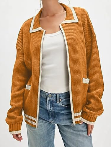 CHARTOU Casual Knit Zip Up Sweater for Women 2025 Fall Outfits Contrast Trim Open Front Cardigan Sweater Outwear Coats3