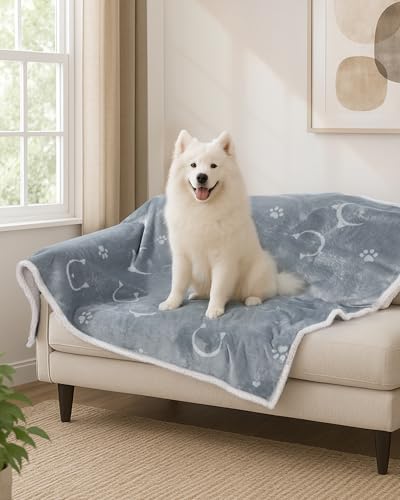 Hzuaneri wasserdichte Hundedecke, katzendecke für Katzen, Sherpa Fleece Haustier Decke für Mittelgroße und Große Hunde, Katzen, L, 150 x 127 cm, maschinenwaschbar, Beidseitiger Sofabezug-Schutz, Grau