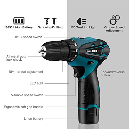 Akku-Bohrschrauber-Set mit 2 Akkus 12V Bohrmaschine 15Nm 18+1 Kupplung, 3/8" Schnellspannbohrfutter, variabler Drehzahl und eingebautem LED-Bohrschrauber zum Bohren von Wand, Ziegel, Holz – Bild 5