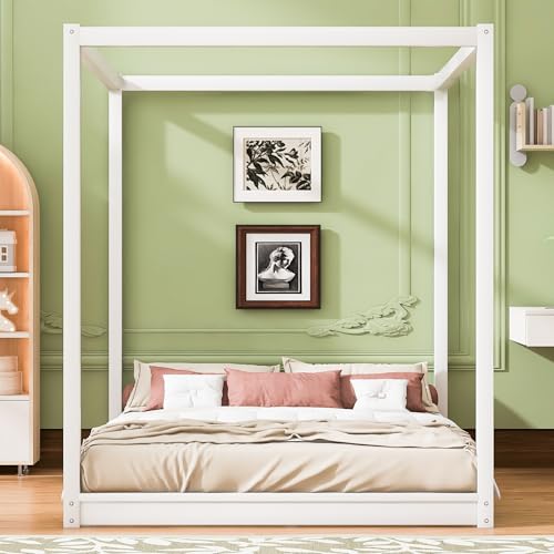 Harper & Bright Designs Queen Size Wooden Canopy Floor Bed