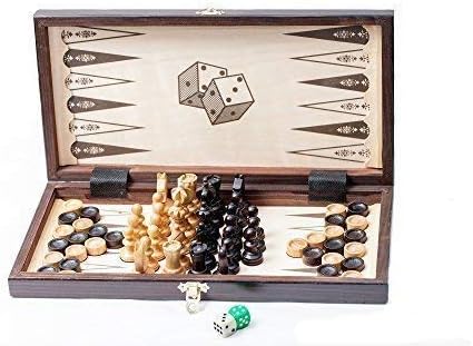 14" 3 in 1 - Cherry Wooden Chess Backgammon Draughts SET