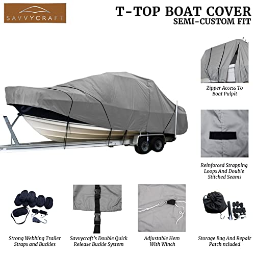 Savvycraft Center Console Fishing Boat With T-Top Hard-Top Boat Cover Grey Fits Up To 33' #TOP1