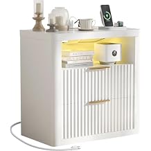 JUMMICO Fluted Nightstand with Charging Station & RGB Lights,Wooden End Table with 2 Deep Drawers & Open Storage Shelf,Thickened Top,Modern Bedside Table for Bedroom,Living Room,White