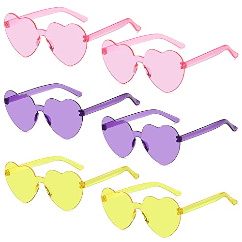 Photo 1 of AOMASTE 6 Peices Heart Sunglasses Rimless Transparent Heart Shaped Glasses Candy Color Eyewear for Women Party Favor Pink+pink+purple+purple+yellow+yellow