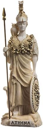 BeautifulGreekStatues Athena With Owl Medusa Holding Shield Greek Goddess Alabaster Statue Gold 6.69"