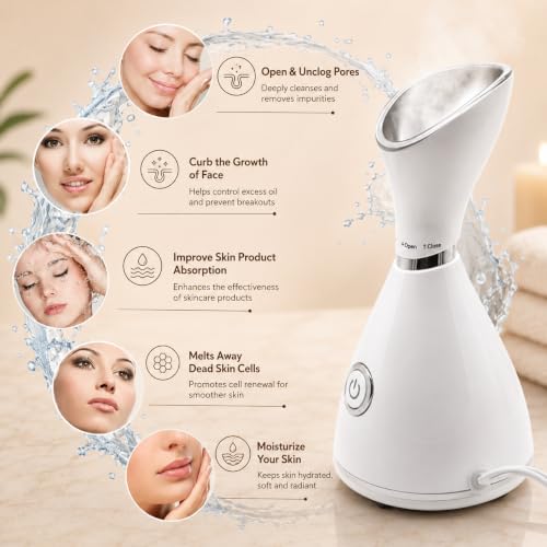 Image of Ionic Facial Steamer for Deep Face Cleaning & Pore Care | Warm Mist Face Spa for Home Use | Facial Moisturizer & Humidifier | Face Steamer with Blackhead Remover Kit & Soft Hair Band