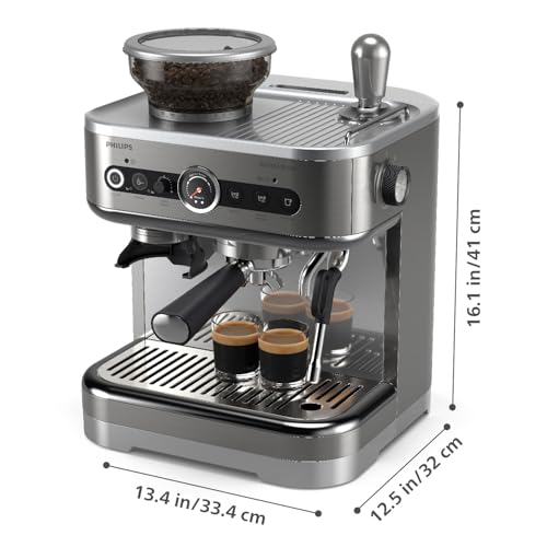 Philips Barista Brew Semi Automatic Espresso Machine - Single & Double Espresso,Americano, 250g Bean Container+Grinder+Milk Jug with temperature indicator,Calibrated Tamping,Metal Silver (PSA3218/01)