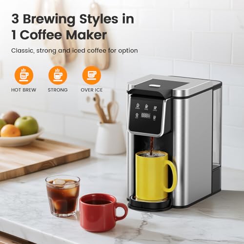 Image of Horavie Single Serve Coffee Maker for K-Cup Pod and Grounds, Hot & Iced Coffee Maker, Strong Button Feature, 6 to 14oz Brew Sizes, 50oz Removable Tank, Up to 6.5 Inch Mug, Stainless Steel, Black