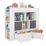 VortinT Wooden Toy Organizers and Storage, Kids Bookshelf with Play Mat, 2 Movable Drawers, 8-Tier Bookshelf for Playroom, Nursery, Living Room, Gifts for Girls & Boys, White