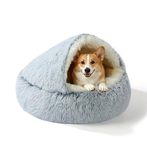 SUOXU Kompaktes 65 cm Hundebett- Verbesserte Aluminiumrandstütze und Abnehmbarer Rutschfester Boden, Thermisch selbstwärmender Plüsch für Hunde unter 10 kg/ 22 lbs- Gemütliche Decke mit zwe