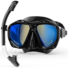 MELUMILU Snorkeling Gear for Adults, Snorkel Mask With Mirrored Tempered Glass Lens 180° Wide View Anti-Fog Scuba Diving Mask, Professional Snorkel Set for Swimming Diving, Gifts for Women Mom Men Dad