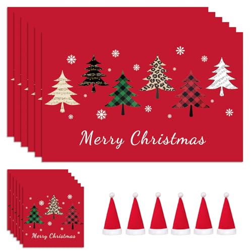 Christmas Table Decoration - 18Pcs Christmas Placemats Coasters Cutlery set Christmas Placemats Sets Christmas Table Mats Home Table Mats Washable Heat Proof Table Mats