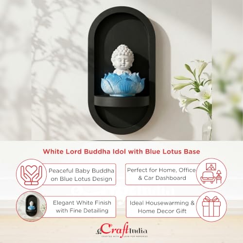 Image of eCraftIndia White Lord Buddha Idol in Blue Lotus Base | Baby Buddha Statue for Car Dashboard Office Home Decor | Gift for Diwali Housewarming Birthday
