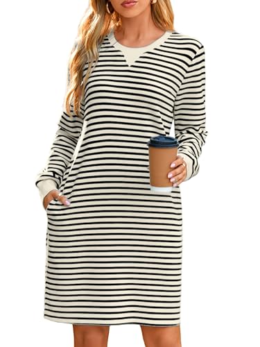 Glamaker Women Tshirt Shift Dress Casual Striped Long Sleeve Crew Neck Knee Length Comfy Midi Dress with Pockets