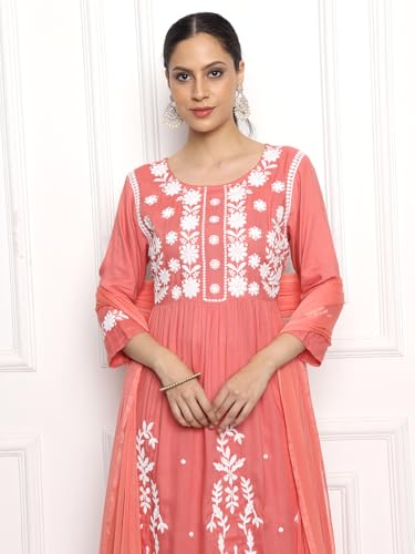 Image of Kaari Women's Chikankari Kurta Set with Dupatta -Fit & Flare Fit | Chiffon Dupatta with Embroidered Band | Straight Pant with Side Pocket | Kurta Set For Women